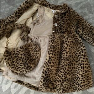 Girls Tahari Shimmering Gold Dress, Leopard Coat & Leopard purse